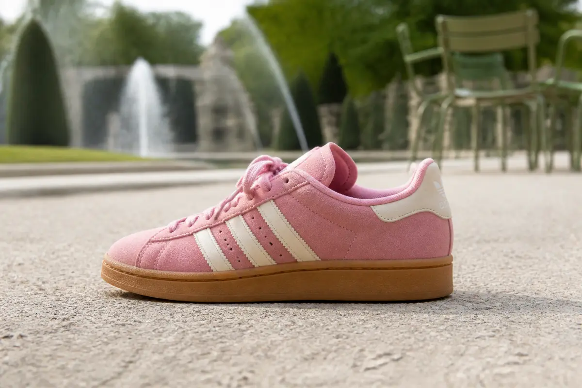 Chaussure rose sur le campus pour femme devant fontaine et chaises vertes en métal
