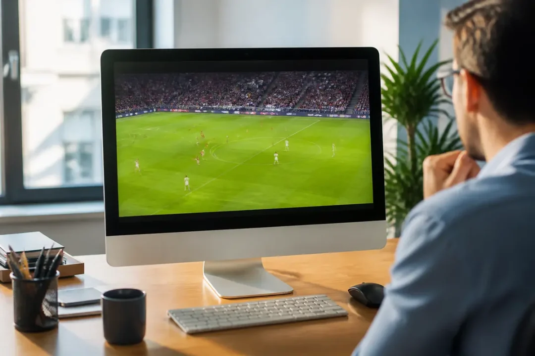 Homme regardant un match de football en direct sur FromSport, assis à un bureau