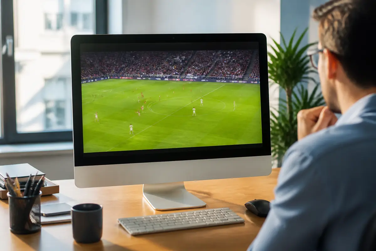 Homme regardant un match de football en direct sur FromSport, assis à un bureau
