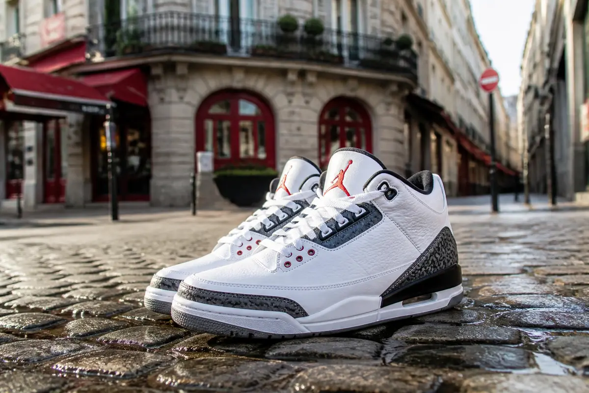 Chaussures Air Jordan Retro blanches en gros plan sur rue pavée parisienne