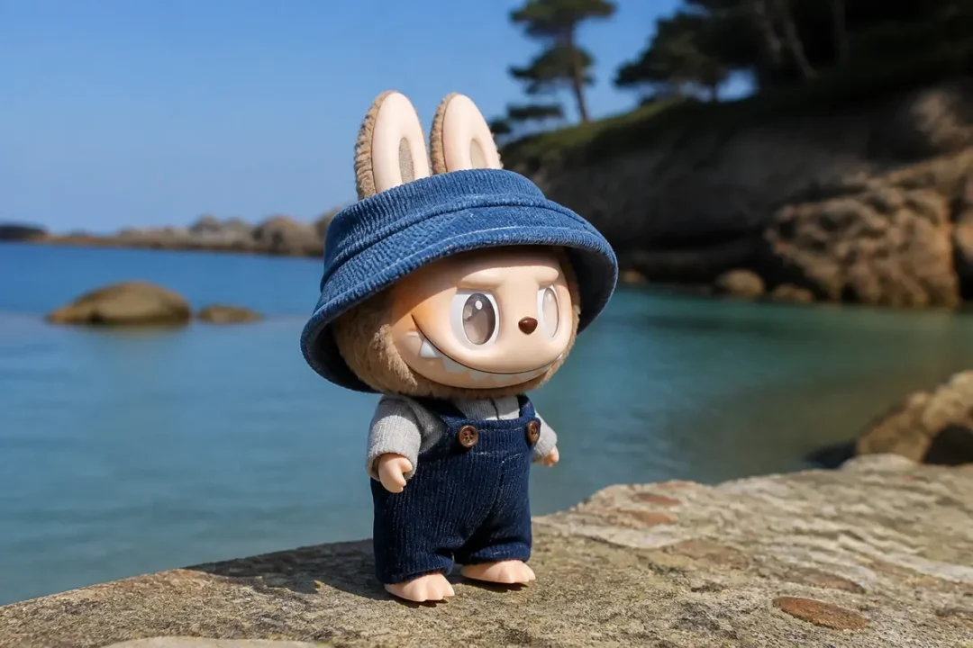 Figurine Labubu Monster en salopette et chapeau au bord de la mer