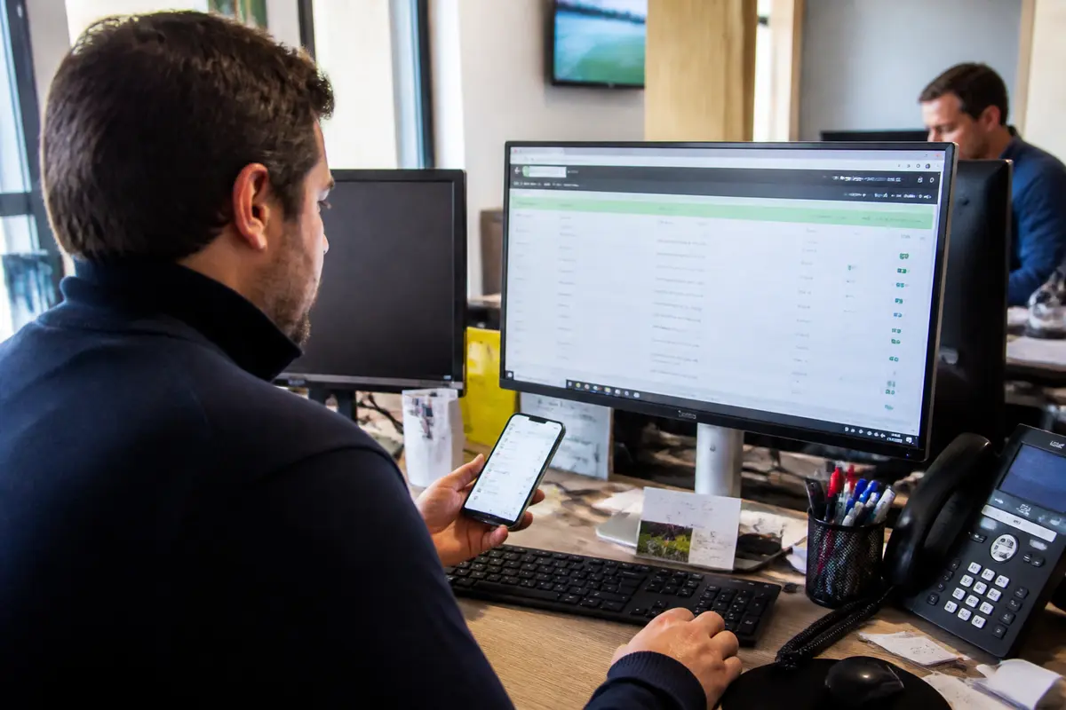 Homme utilisant ordinateur et smartphone pour accéder à l'extranet du golf au bureau
