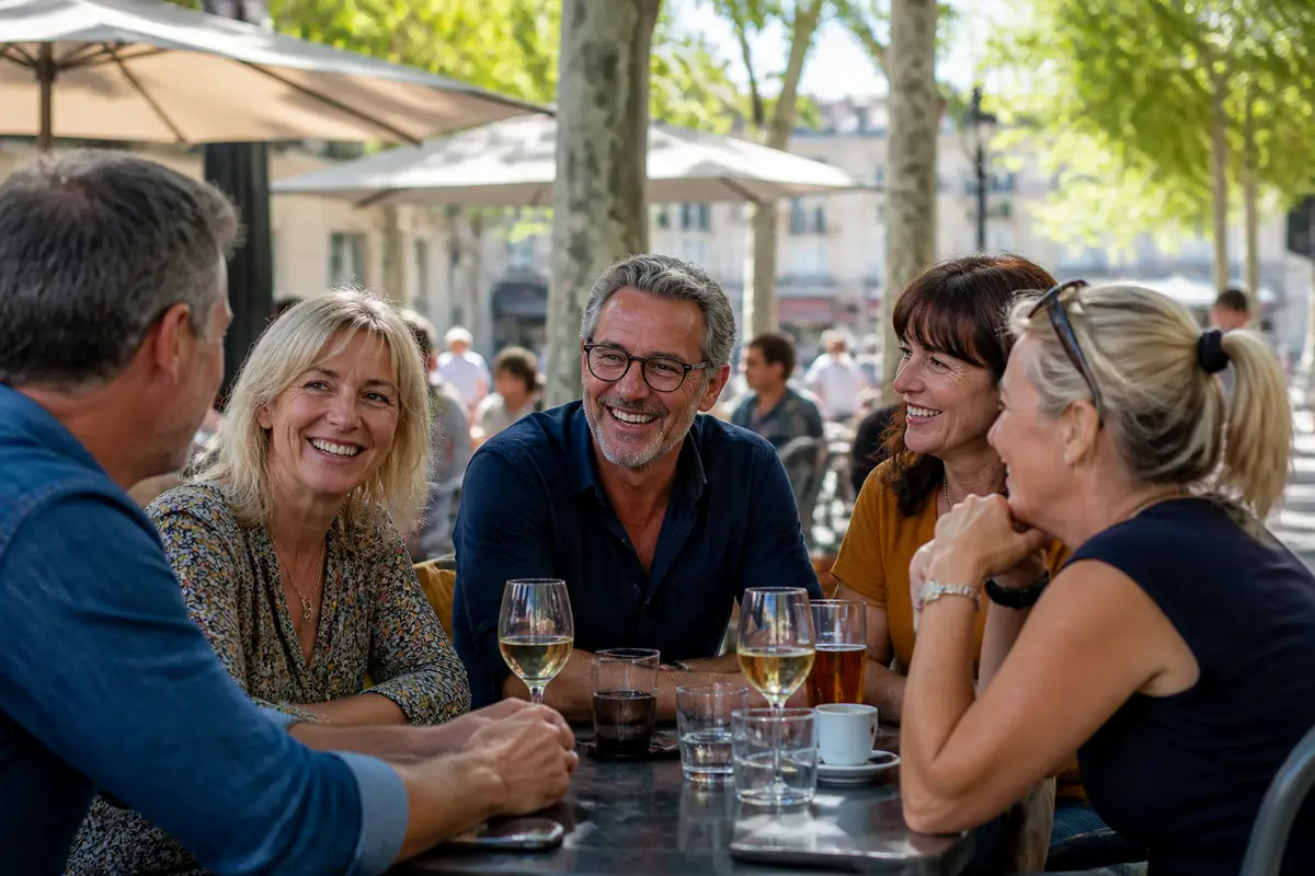 Personnes discutant joyeusement en terrasse sous les arbres pour life-magazine.be