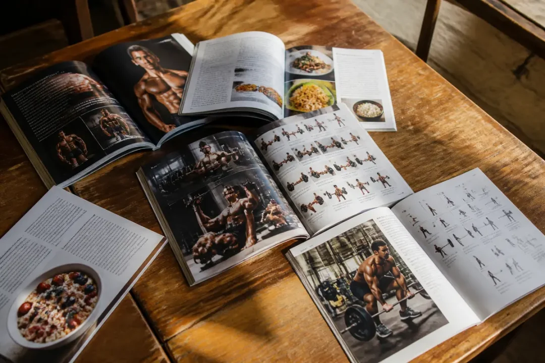 Des magazines de musculation ouverts présentant exercices, nutrition, et plans d'entraînement sur table en bois